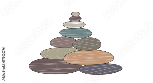A pyramid of balanced, multi-colored, smoothed oval stones stacked in a minimalistic illustration against a white background.