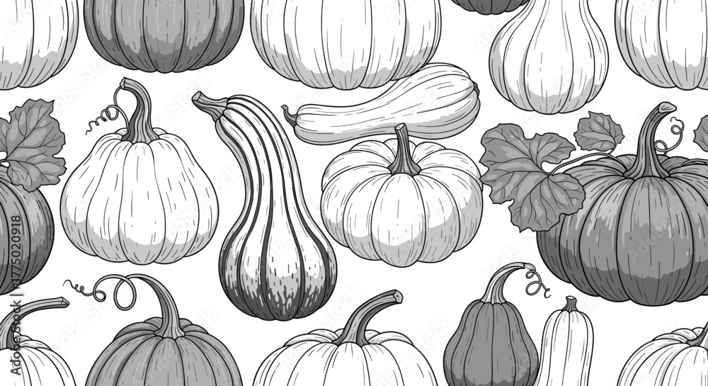 Obraz premium Seamless pattern featuring hand-drawn pumpkins and gourds of various shapes and sizes in a classic vintage engraving style.