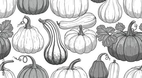 Seamless pattern featuring hand-drawn pumpkins and gourds of various shapes and sizes in a classic vintage engraving style.
