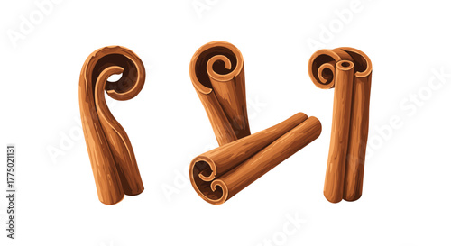 Aromatic brown cinnamon sticks in various arrangements on a white background, highlighting their curled texture and culinary use.