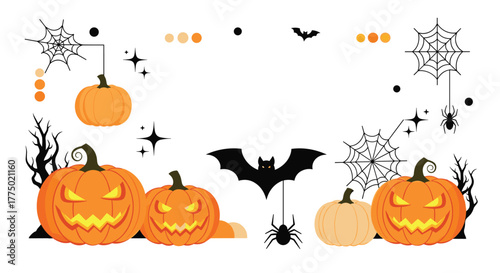 Vibrant Halloween border illustration with grinning jack-o'-lanterns, spooky spiders, flying bats, and intricate spiderwebs on a clean white background.