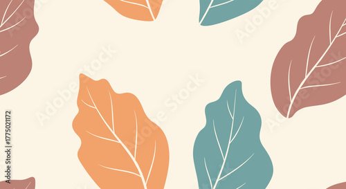 A modern seamless pattern of stylized leaves in autumnal and teal shades scattered on a light cream background, perfect for a gentle, natural design.