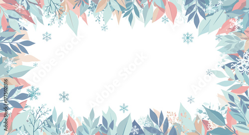 Gentle winter border design with pastel-colored leaves and delicate snowflakes framing a clean white space, ideal for festive greetings.