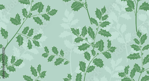 A seamless botanical pattern featuring elegant green holly leaves and delicate berries on a light teal background, perfect for festive designs.
