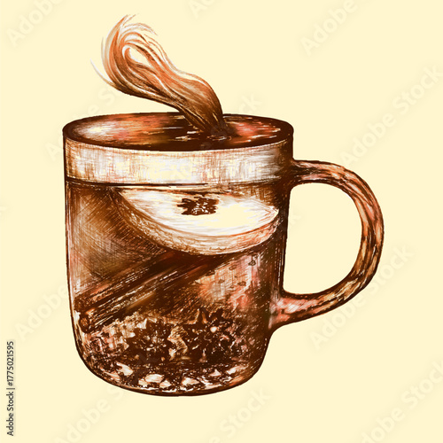 Hot  aromatic wine drink wine illustration in rustic style. Illustration of mulled wine in a mug with apple slice cinnamon stick and star anise in warm brown and amber tones on light background