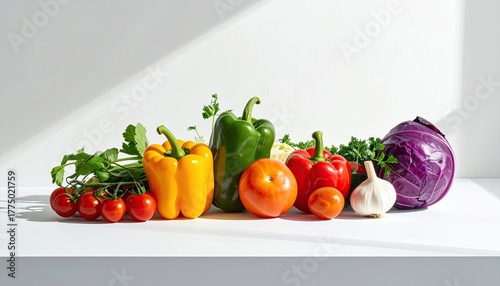 Assortment of Fresh Vegetables Including Red Cabbage Yellow and Green Bell Peppers Tomatoes Garlic and Cilantro Arranged on a White Surface with Natural Daylight Creating Shadows