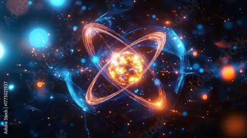 Glowing atomic structure with fiery orange nucleus and orbiting blue and orange particles on a dark cosmic background, illustrating energy and motion