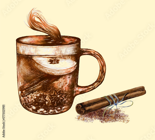 Hot  aromatic wine drink wine illustration in rustic style. Illustration of mulled wine in a mug with apple slice cinnamon stick and star anise in warm brown and amber tones on light background