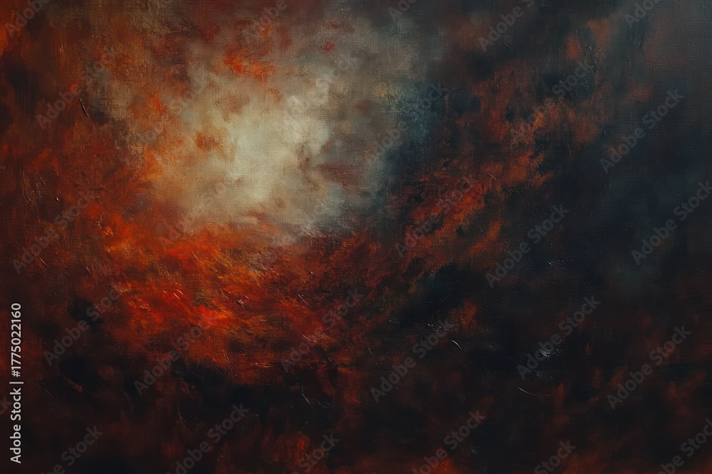 Obraz premium Abstract dark painting featuring fiery red and orange swirls blending into deep black and gray shades evoking intense and dramatic emotions