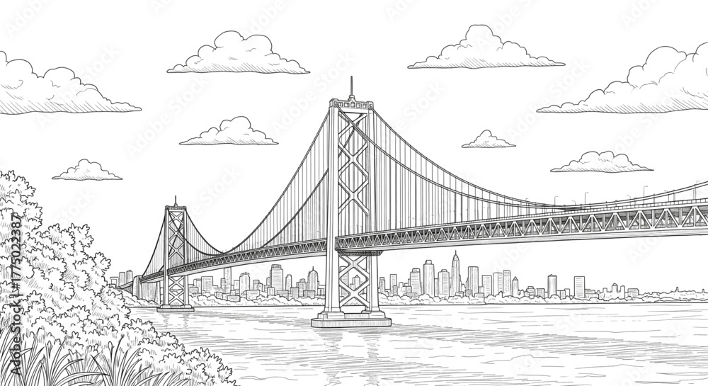 Fototapeta premium Detailed Black and White Sketch of Massive Suspension Bridge Spanning Water Near City Skyline for Travel Design