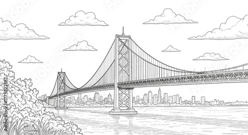 Detailed Black and White Sketch of Massive Suspension Bridge Spanning Water Near City Skyline for Travel Design