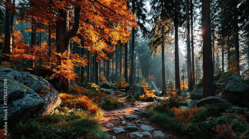 Fototapeta premium Autumn Forest Path Bathed in Golden Sunlight