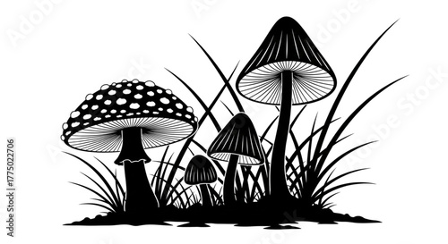 Black Silhouette Mushrooms and Grass for Halloween Spooky Forest Design Elements