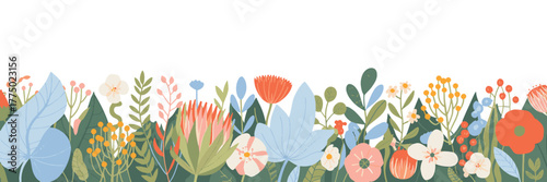 Colorful Floral Vector Border with Protea Flowers and Various Plants