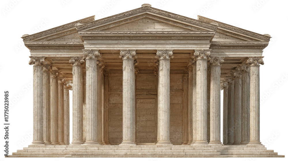 Obraz premium Ancient stone temple with tall columns classical architecture historic landmark detailed front view isolated on white background