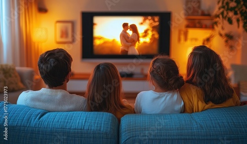 family of four sitting on a blue couch in a warmly lit living room watching a romantic scene on television