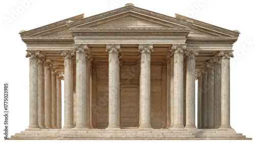 Ancient stone temple with tall columns classical architecture historic landmark detailed front view isolated on white background