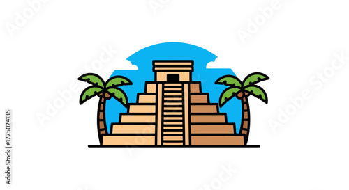 Tropical pyramid with tiered structure flanked by palm trees under a blue sky backdrop