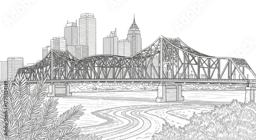 Detailed Black and White Sketch Historic Truss Bridge Over Winding River Near City Skyline