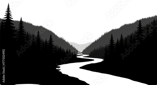Winding River Valley Landscape Silhouette for Travel Brochures Outdoor Adventure Website Banners