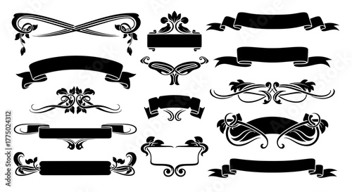 Collection of vintage Art Nouveau style design elements. Set of black silhouette ribbons, ornate floral banners, and classic calligraphic scroll frames.