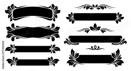 Collection of elegant black silhouette design elements, featuring ornate floral banners, classic wavy frames, and vintage decorative scrolls and dividers.