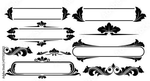 Collection of classic black silhouette design elements. This set includes vintage floral frames, ornate leaf scrolls, and elegant calligraphic dividers.