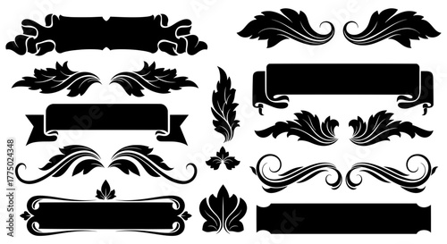 A diverse collection of black silhouette vintage design elements. Set includes ornate floral scrolls, classic ribbons, antique banners, and elegant frames.