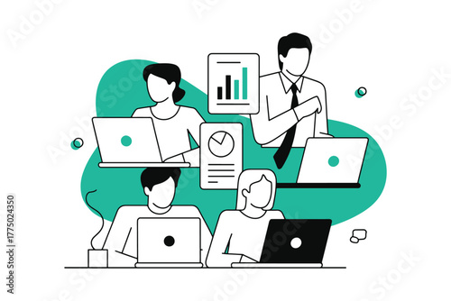 Teamwork and data analysis in a modern minimalist business illustration