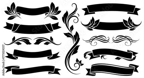 A collection of classic black silhouette design elements, including elegant ribbon banners, floral scrolls, and ornate swirls for vintage-style projects.