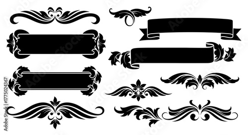Set of elegant black silhouette vintage design elements. Collection includes floral scrolls, calligraphic swirls, classic ribbons, and ornate banners.