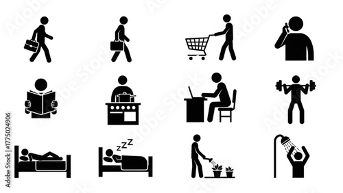 High-Quality Black Silhouette Pictogram Icons of People Doing Daily Activities, Unique Designs on White Background