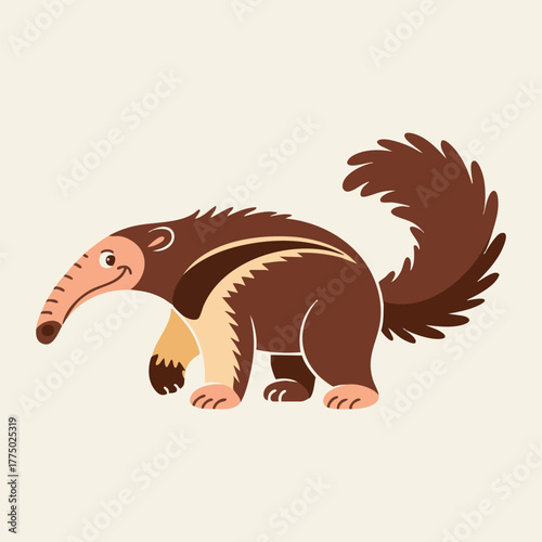 Cartoon Giant Anteater Illustration, Cute Anteater Character with Bushy Tail, Colored Anteater Vector on Light Background, silhouette, illustration, vector