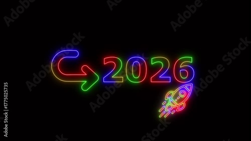 Neon glowing rocket launch with 2026 target goal symbol, futuristic business growth concept animation for Stuart success and achievement presentation