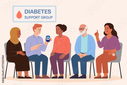 Flat vector of diverse people in diabetes support group sharing experiences and tips