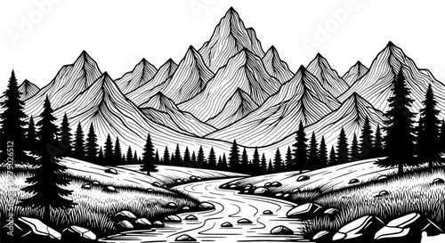 Rugged Mountain Wilderness Landscape Engraving for Adventure Travel Outdoor Branding Design