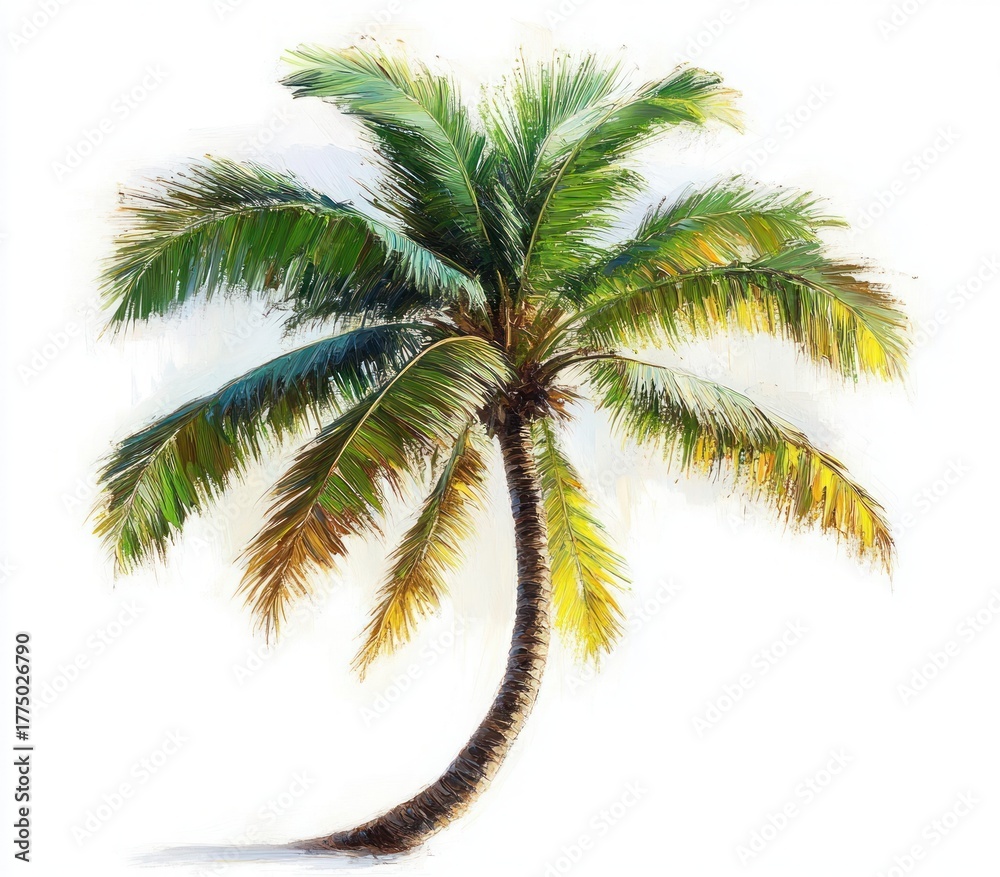 Naklejka premium Detailed illustration of a tall palm tree with lush green and yellow fronds curving gently against a white background