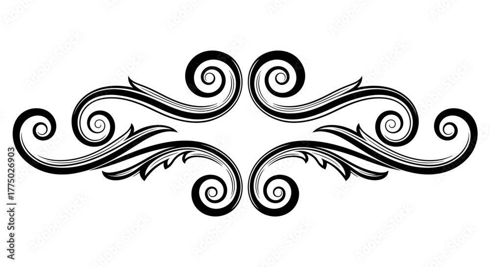 Fototapeta premium Symmetrical Decorative Horizontal Swirl Element with Ornate Flourishes, Isolated White Background
