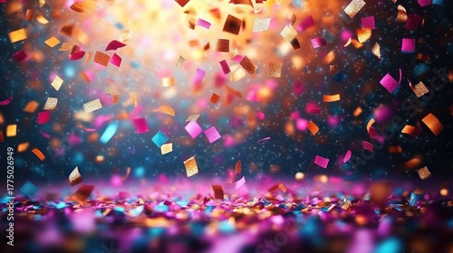 Colorful confetti falling and scattered on a dark background with glowing light, creating a festive and celebratory atmosphere
