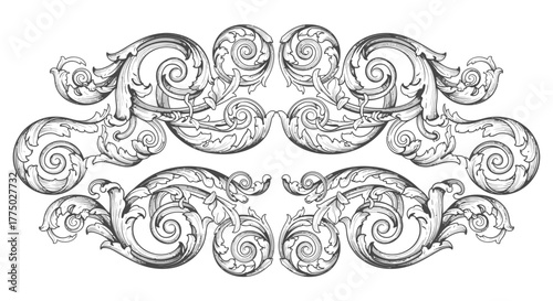 Elaborate Baroque Style Horizontal Border with Symmetrical Ornate Swirls and Scrolls on Isolated White Background