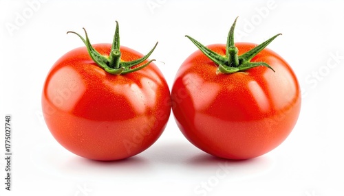 Two Ripe Red Tomatoes With Green Stems On A White Background Studio Shot