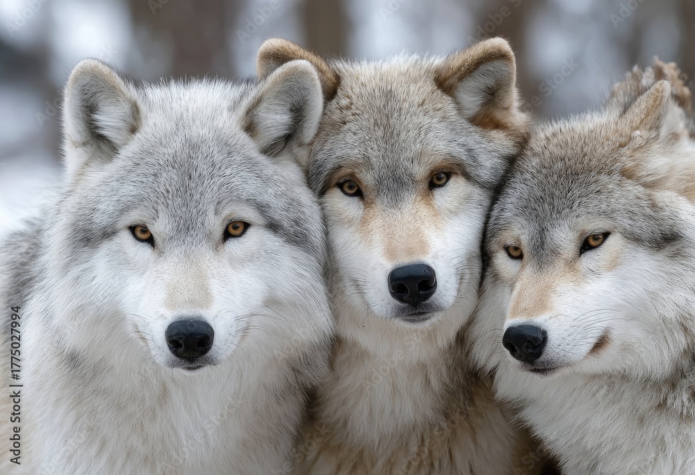 Fototapeta premium a group of wolves with one wolf licking another's face