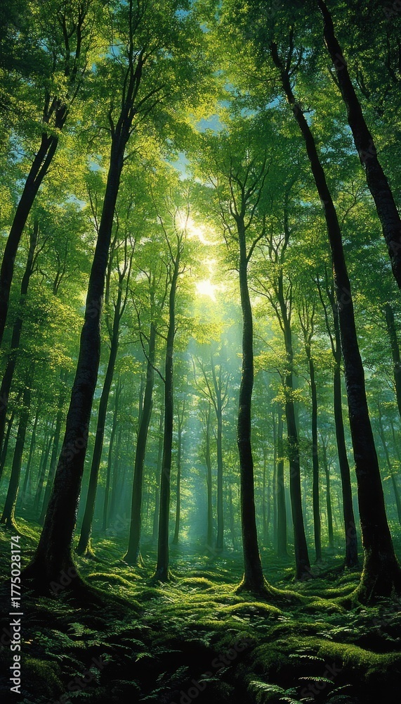 Fototapeta premium Sunlight filtering through tall green trees in a peaceful, dense forest with soft moss and ferns covering the ground, creating a calm and serene atmosphere
