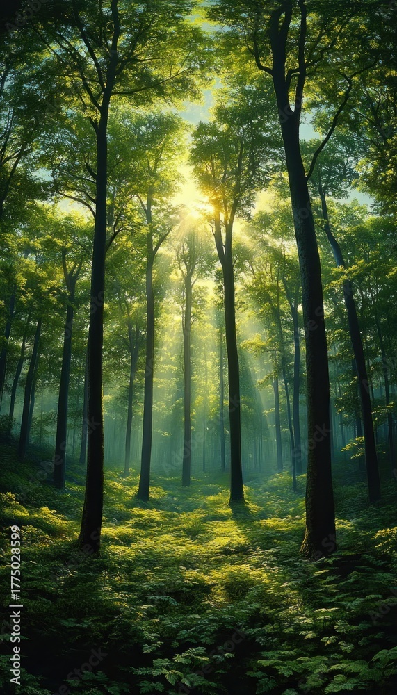 Fototapeta premium Sunlight filtering through tall green deciduous trees in a dense forest with lush ferns covering the ground, creating a serene and peaceful atmosphere