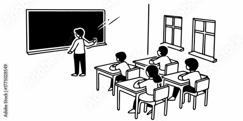 A classroom scene showing a teacher writing on the blackboard with students at their desks in a school room