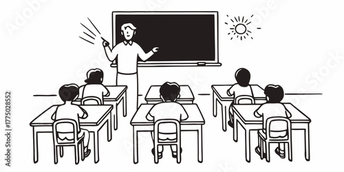 Illustration of a teacher instructing students in a classroom with desks and a blackboard present at school