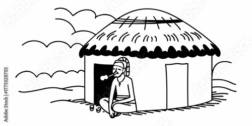 Illustration of a man smoking a pipe sitting outside a hut with a thatched roof and cloudy background