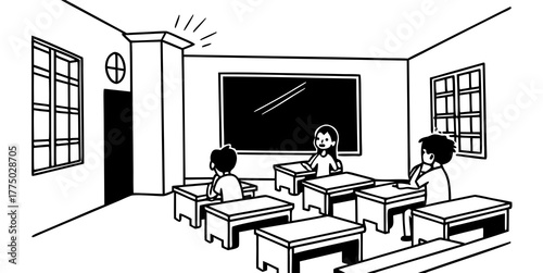 Illustration of classroom with students at desks and a blackboard in a monochrome style drawing