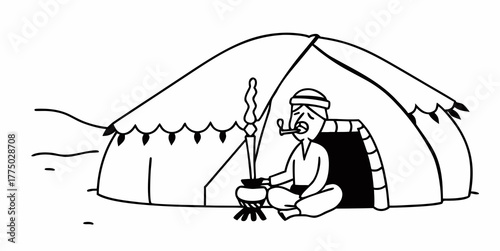 A nomad is sitting outside his tent smoking a pipe while cooking something in a pot over a fire pit