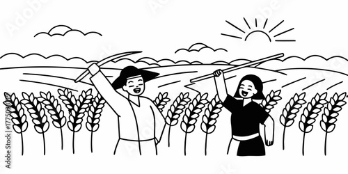 Two farmers harvesting crops in a field under the sun with clouds in a black and white illustration